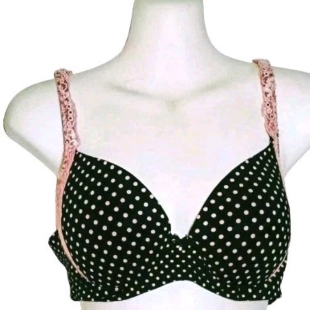 Soma Embraceable Bra 34C Black Polka Dots Pink Lace  Molded Underwire